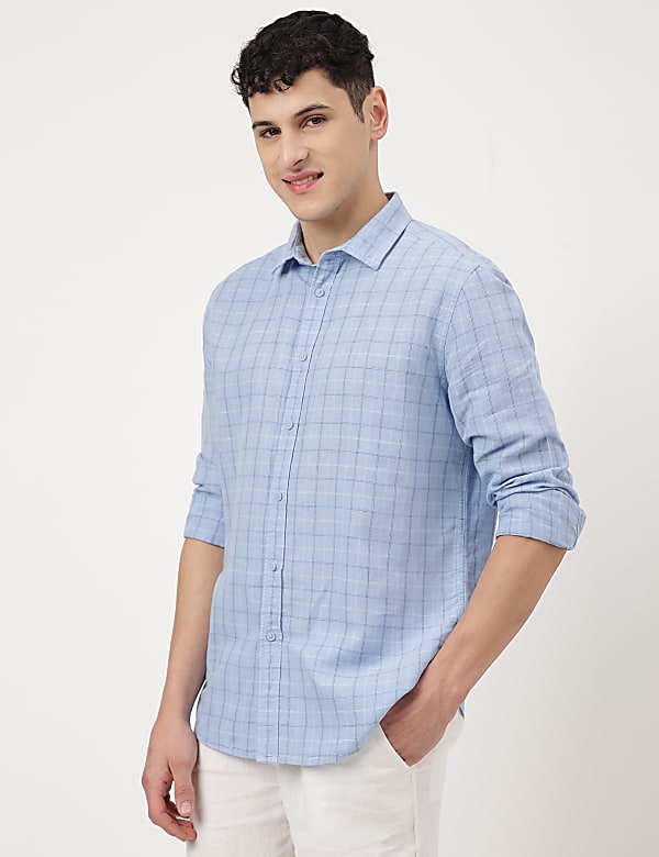 Cotton Mix Checked Spread Collar Shirt