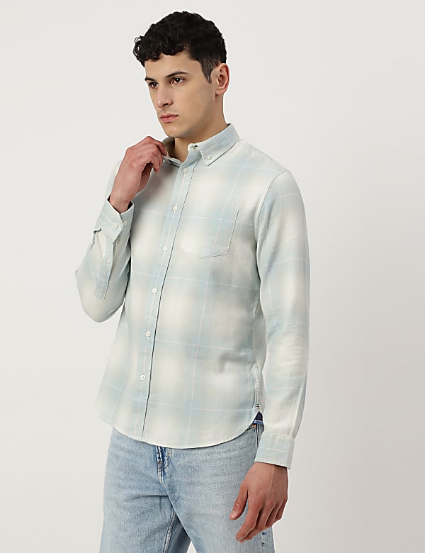 Pure Cotton Checked Spread Collar Shirt
