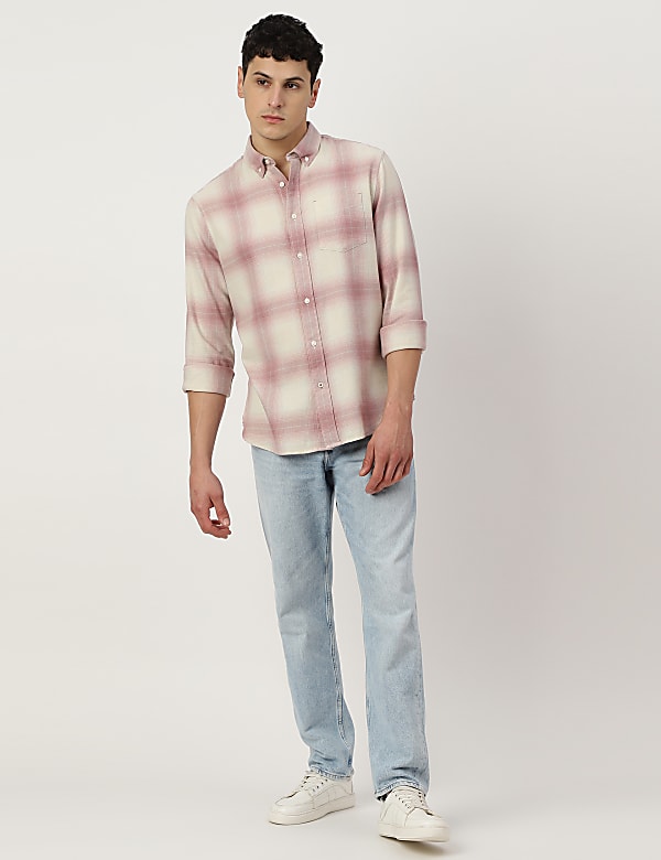 Pure Cotton Checked Spread Collar Shirt