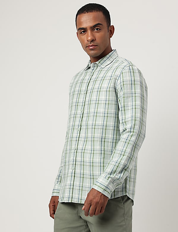 Relaxed Fit Cotton Flax Blend Checked Shirt