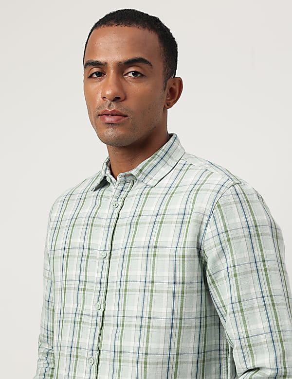 Relaxed Fit Cotton Flax Blend Checked Shirt