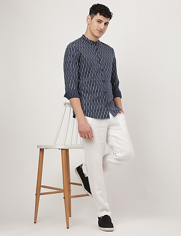 Linen Mix Printed Mandarin Collar Shirt