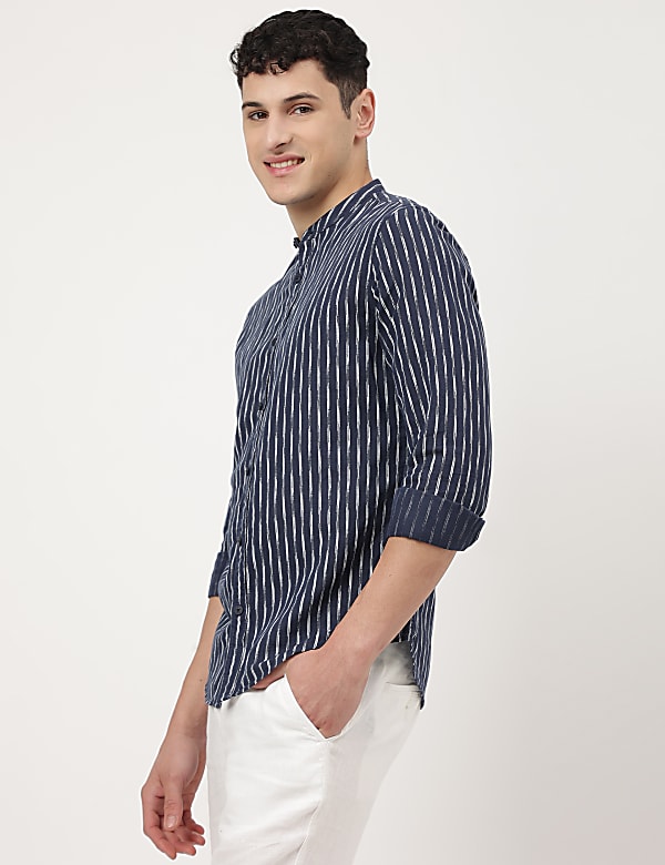 Linen Mix Printed Mandarin Collar Shirt