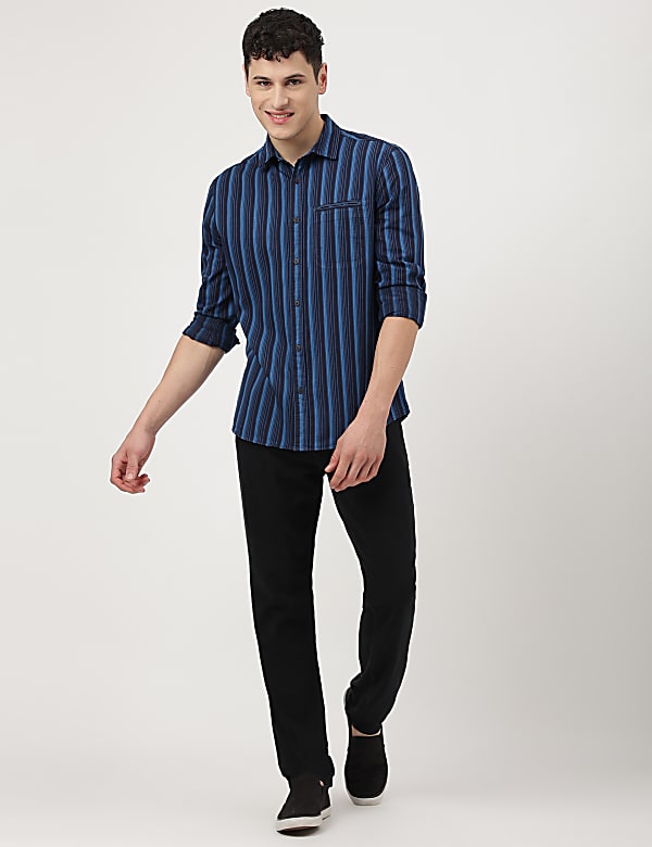 Pure Cotton Striped Spread Collar Shirt