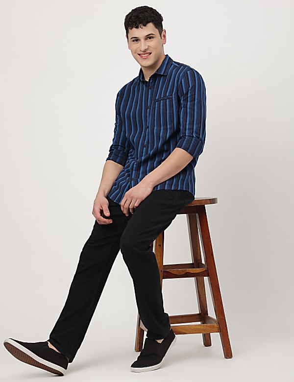Pure Cotton Striped Spread Collar Shirt