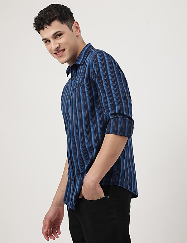 Pure Cotton Striped Spread Collar Shirt