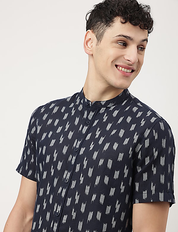 Linen Mix Printed Mandarin Collar Shirt