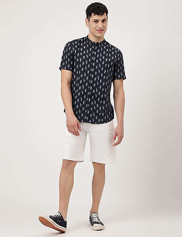 Linen Mix Printed Mandarin Collar Shirt