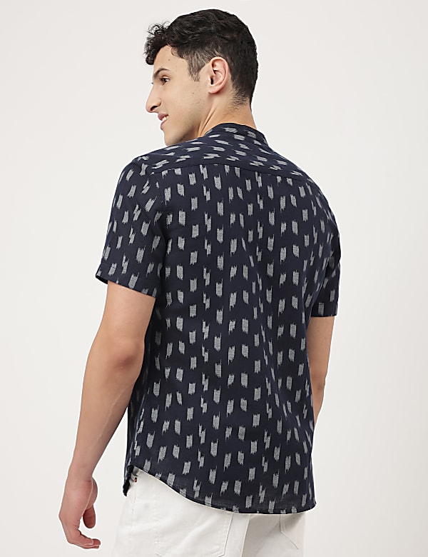 Linen Mix Printed Mandarin Collar Shirt