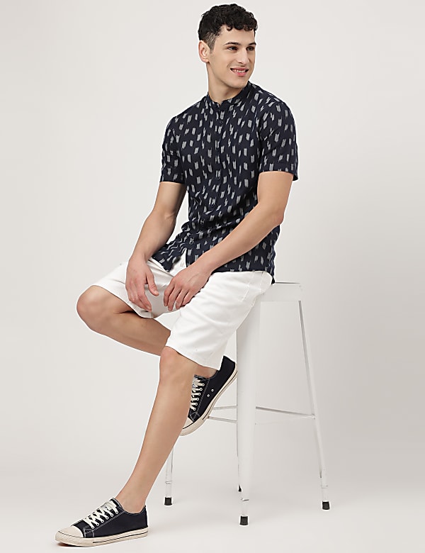 Linen Mix Printed Mandarin Collar Shirt