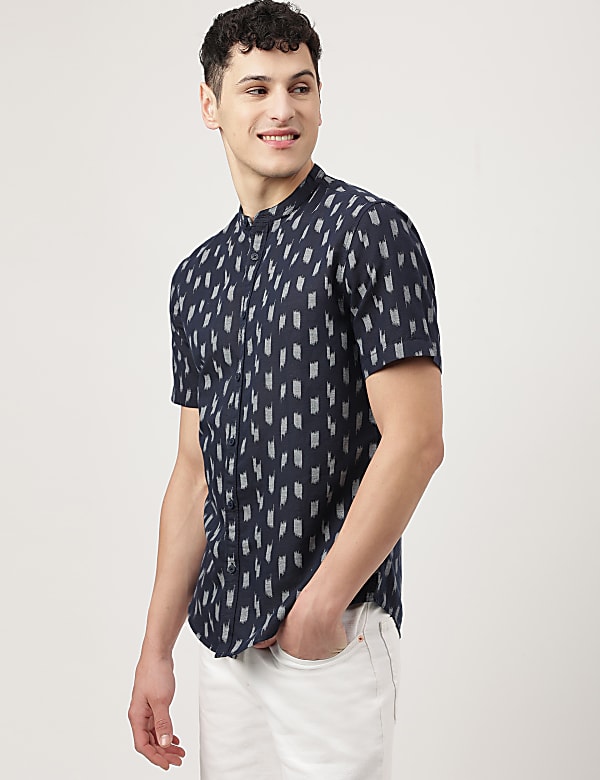 Linen Mix Printed Mandarin Collar Shirt