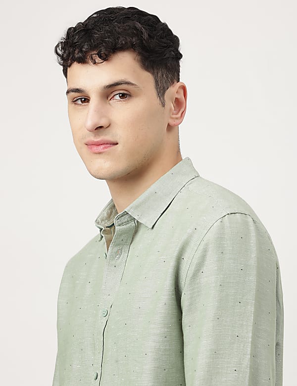 Linen Mix Printed Spread Collar Shirt