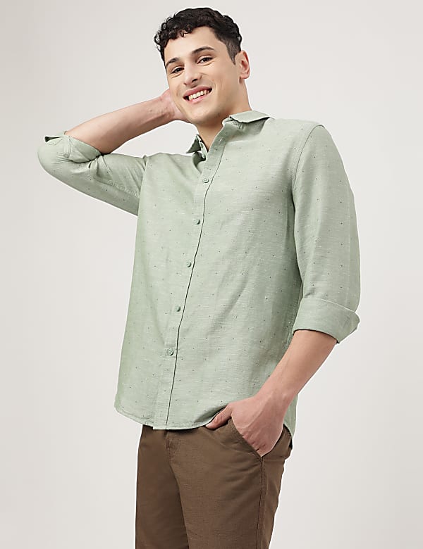 Linen Mix Printed Spread Collar Shirt