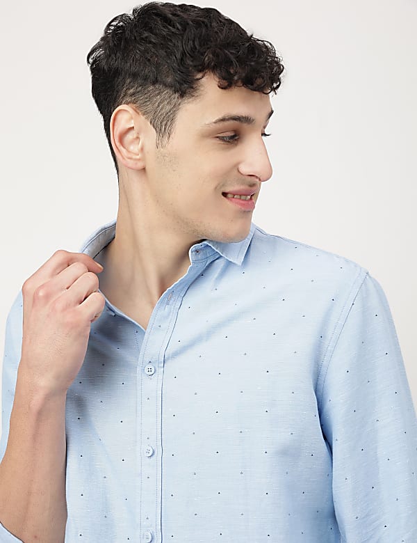 Linen Mix Printed Spread Collar Shirt