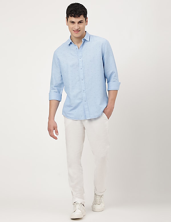 Linen Mix Printed Spread Collar Shirt