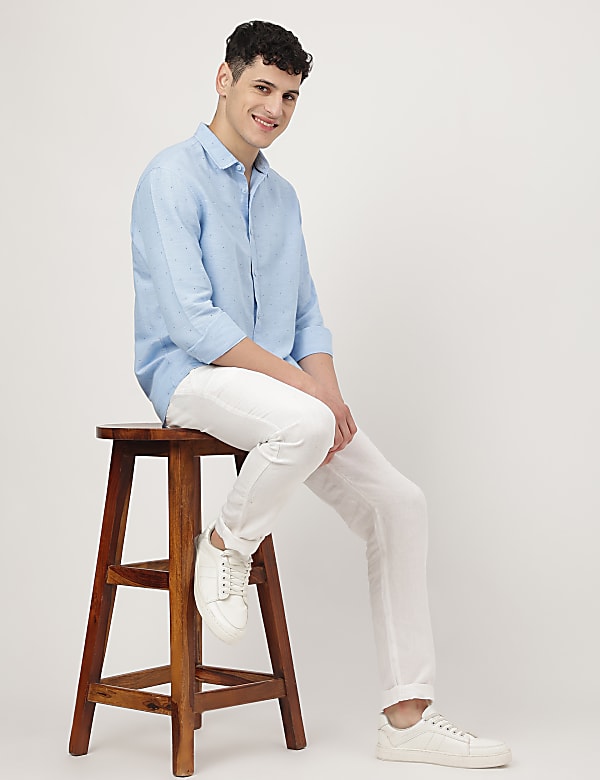 Linen Mix Printed Spread Collar Shirt