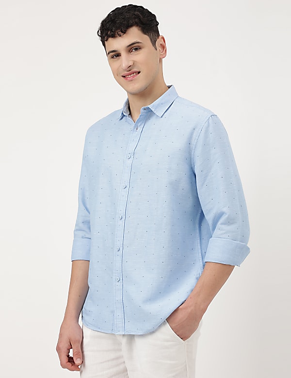 Linen Mix Printed Spread Collar Shirt