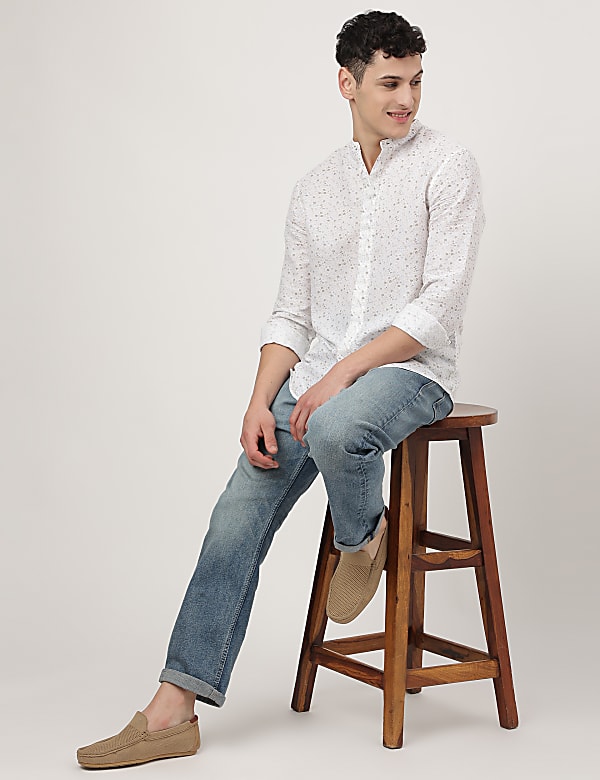 Linen Mix Printed Mandarin Collar Shirt