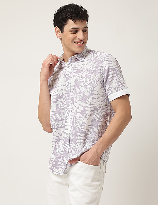 Regular Fit Flax Linen Blend Printed Shirt