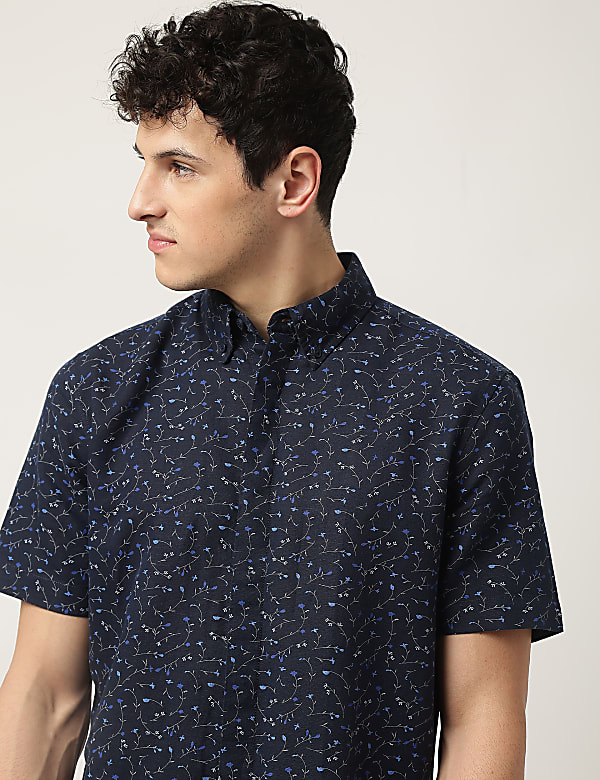 Linen Mix Printed Button Down Collar Shirt
