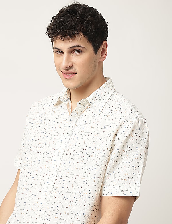 Linen Mix Printed Button Down Collar Shirt