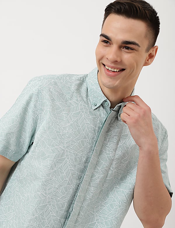 Linen Mix Leaf Button Down Collar Shirt