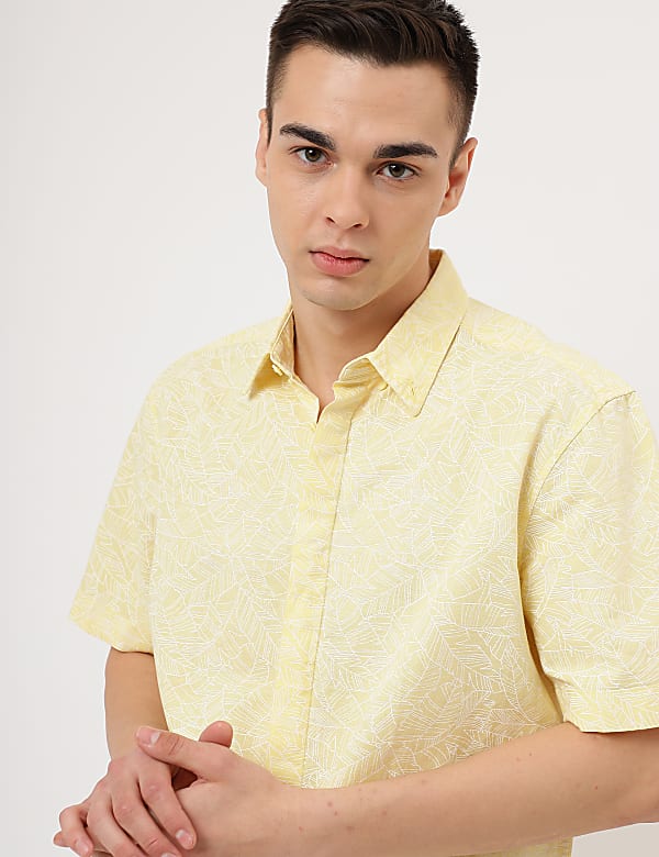 Linen Mix Leaf Button Down Collar Shirt