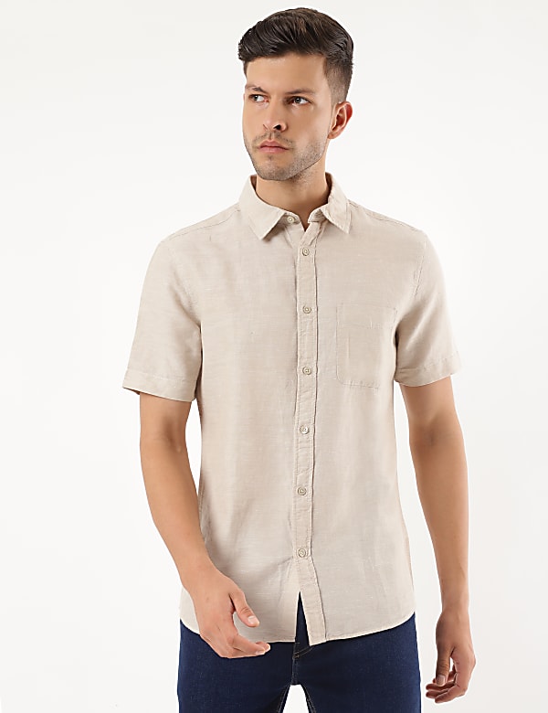Linen Mix Plain Spread Collar Shirt
