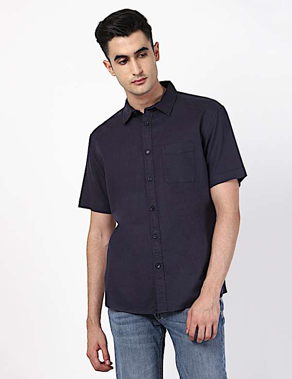 Linen Mix Plain Spread Collar Shirts