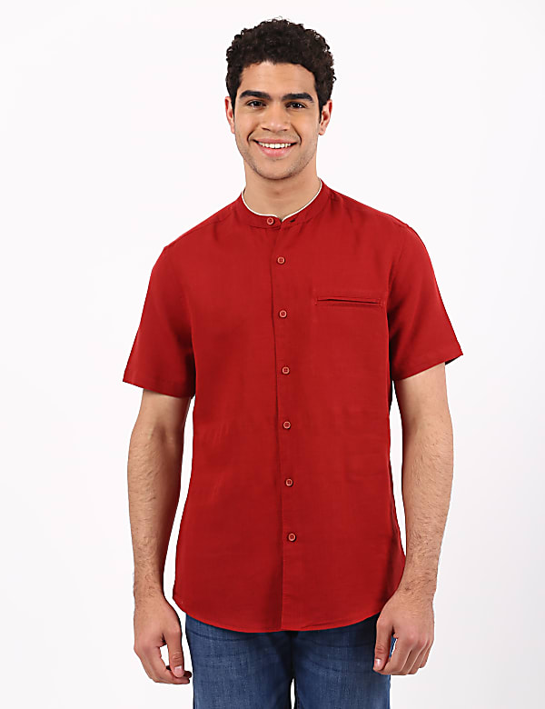 Linen Mix Grandad Collar Solid Shirt