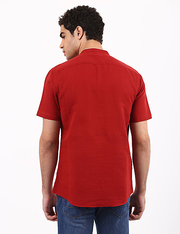 Linen Mix Grandad Collar Solid Shirt