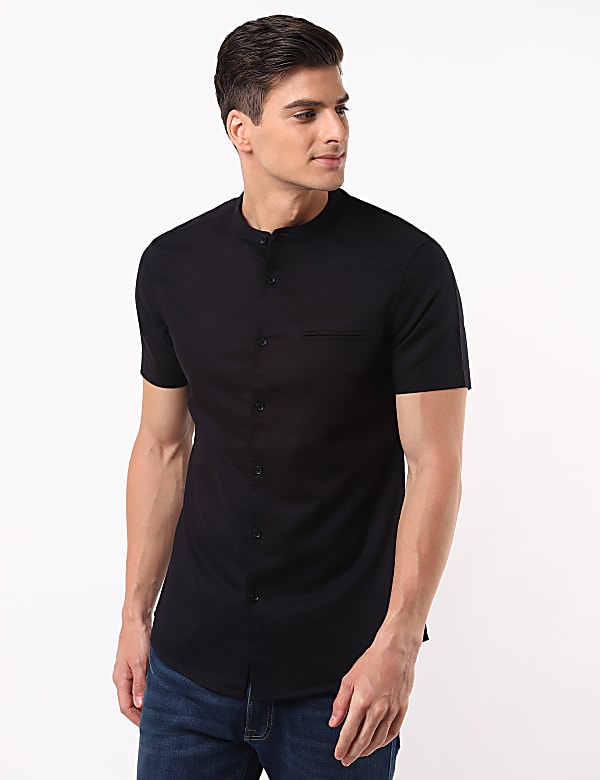 Linen Mix Grandad Collar Solid Shirt