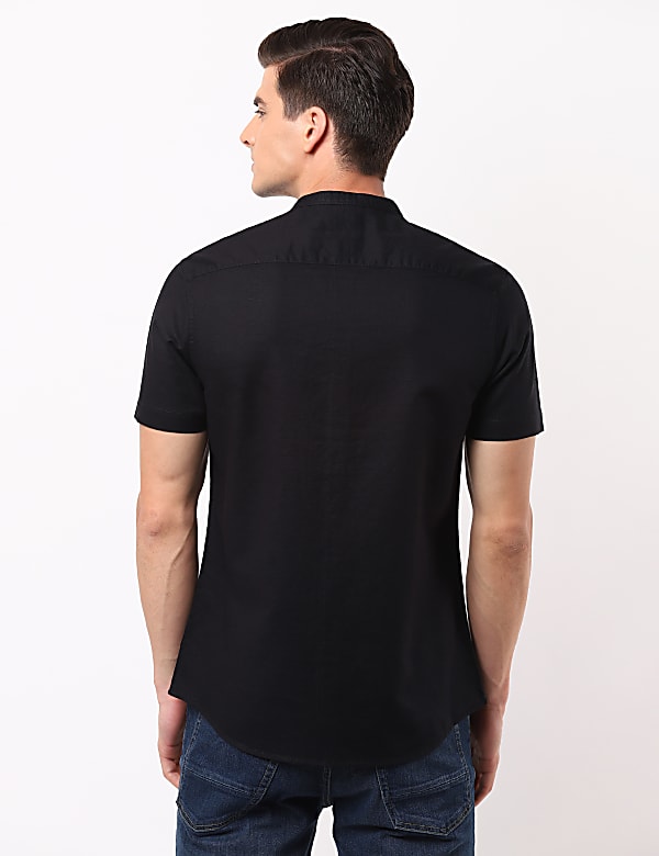 Linen Mix Grandad Collar Solid Shirt