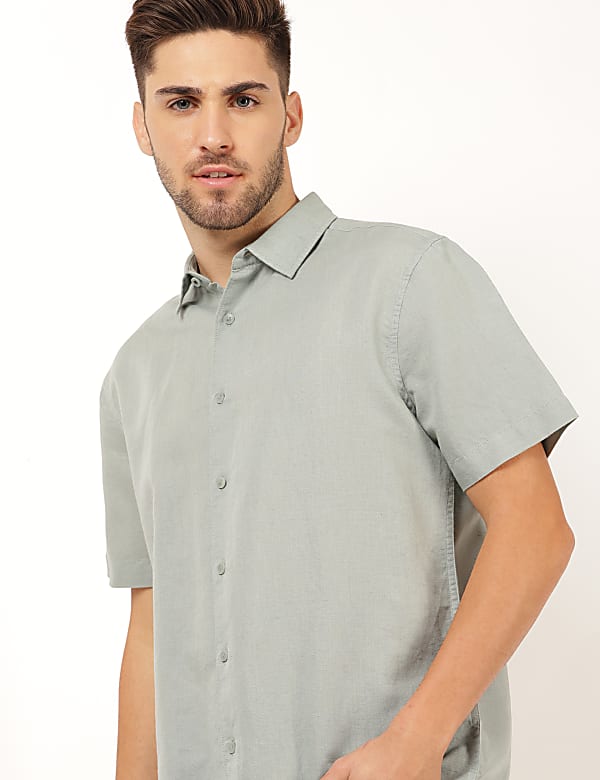 Flax Linen Mix Plain Spread Collar Shirt