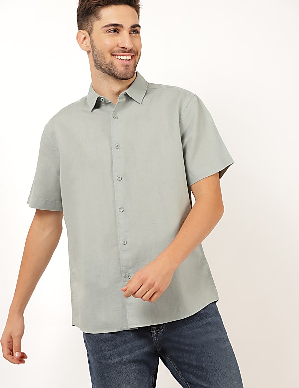 Flax Linen Mix Plain Spread Collar Shirt