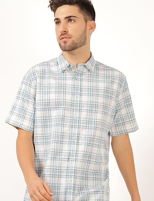 Linen Mix Checked Spread Collar Shirt