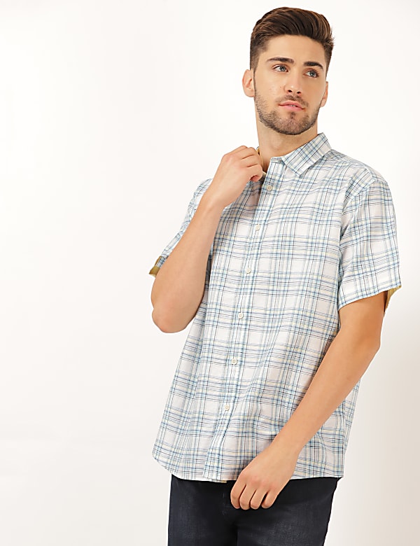 Linen Mix Checked Spread Collar Shirt