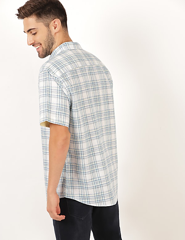 Linen Mix Checked Spread Collar Shirt