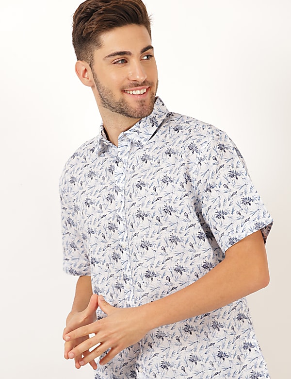 Linen Mix Floral Spread Collar Shirt