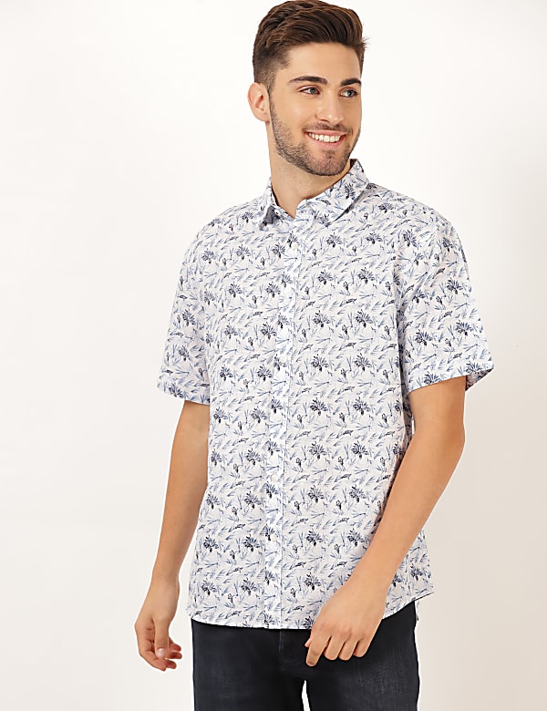 Linen Mix Floral Spread Collar Shirt