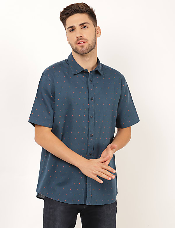 Flax Linen Mix Printed Spread Collar Shirt