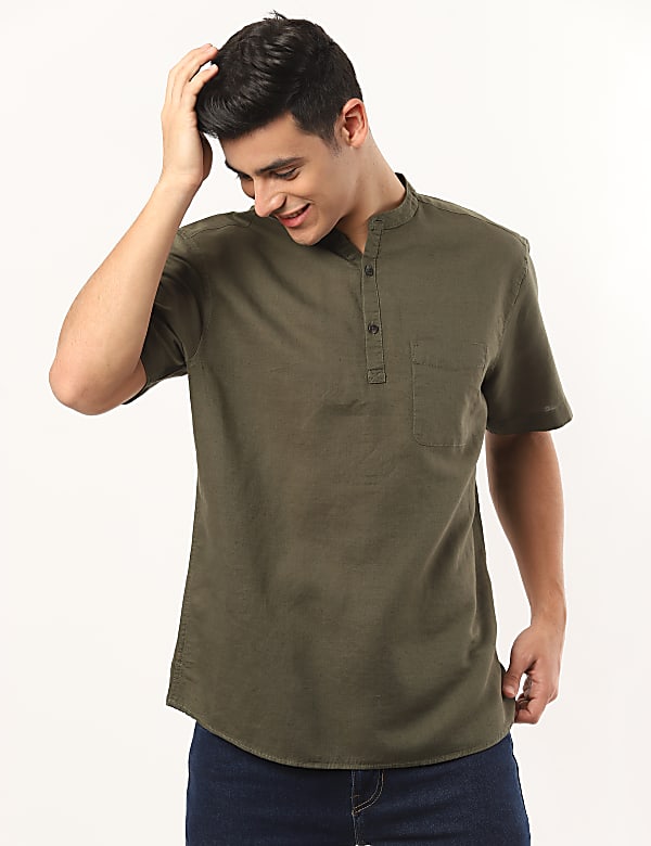 Flax Linen Mix Plain Mandarin Collar Shirt