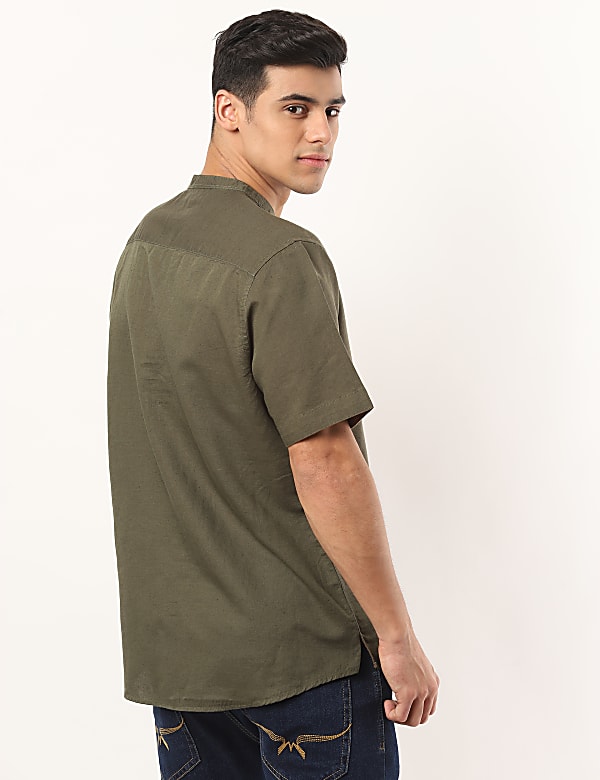 Flax Linen Mix Plain Mandarin Collar Shirt