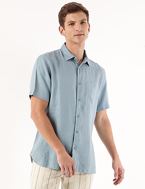 Pure Linen Plain Spread Collar Shirt
