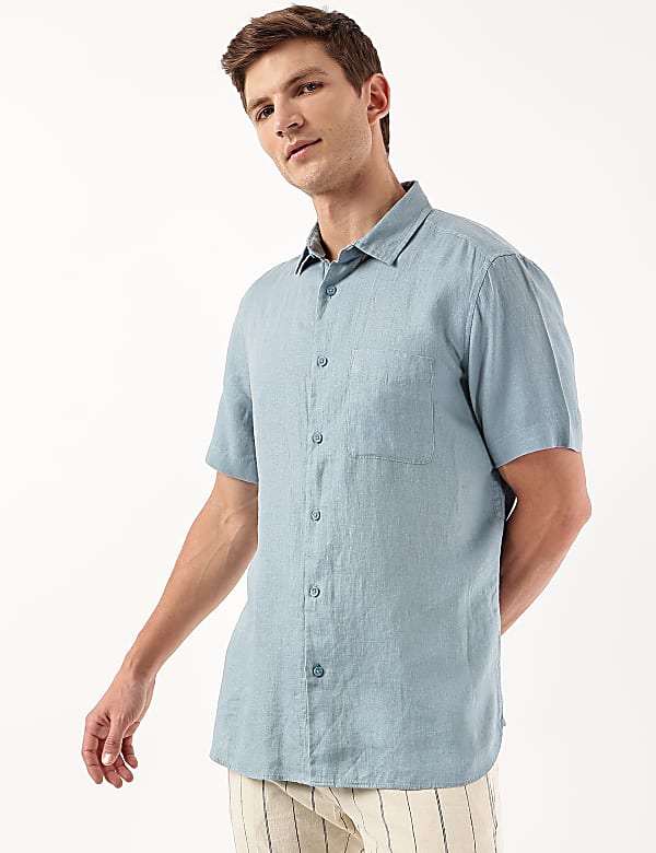 Pure Linen Plain Spread Collar Shirt