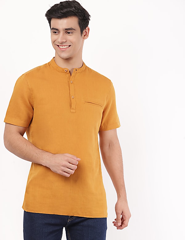 Linen Mix Plain Mandarin Collar Shirt