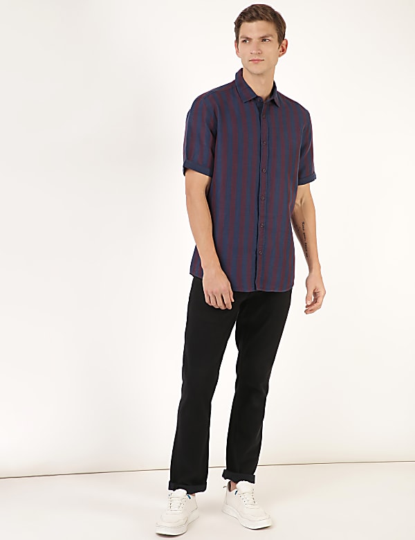 Linen Mix Striped Spread Collar Shirt