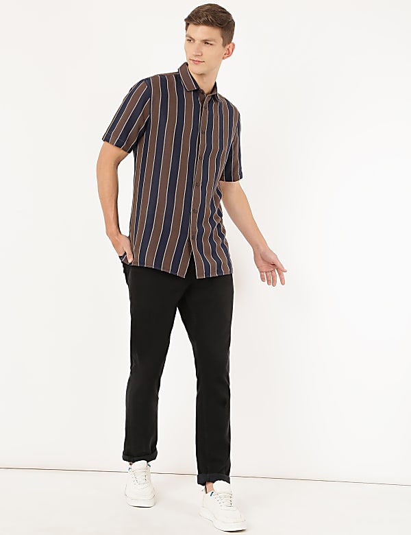 Linen Mix Striped Spread Collar Shirt
