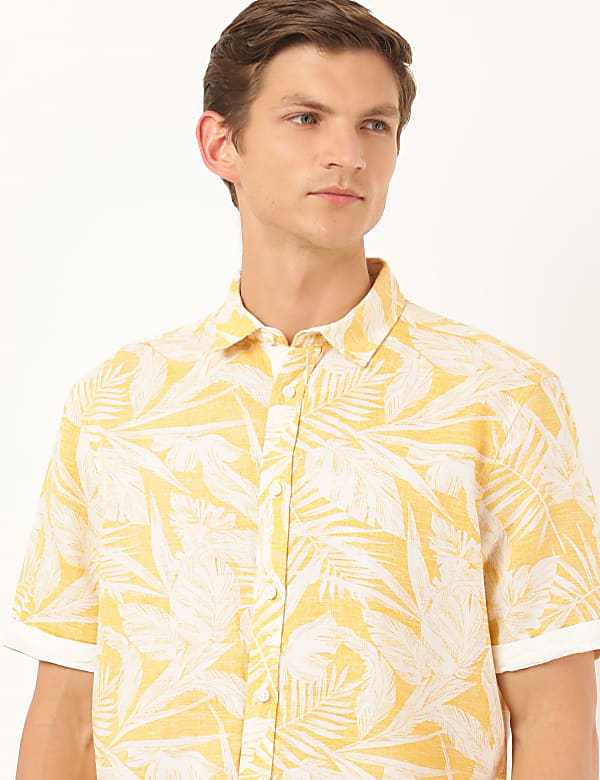 Linen Mix Printed Spread Collar Shirt