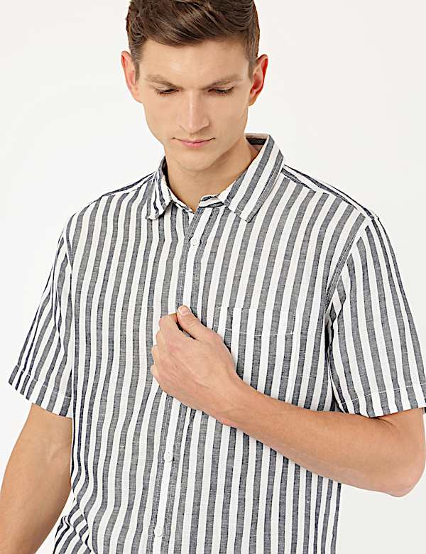 Linen Mix Striped Spread Collar Shirt